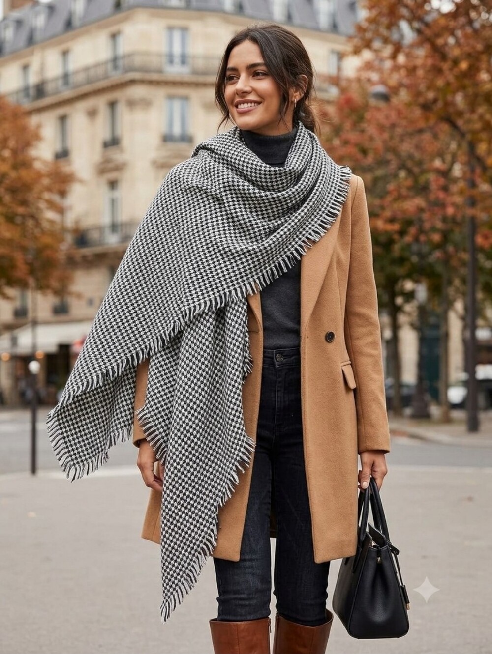 Large Square Houndstooth Black And White Scarf - 52 Inch Square